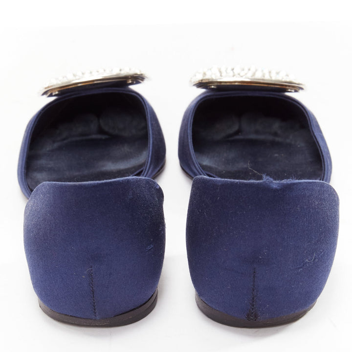ROGER VIVIER Chips Strass navy satin crystal square buckles flat shoes EU35