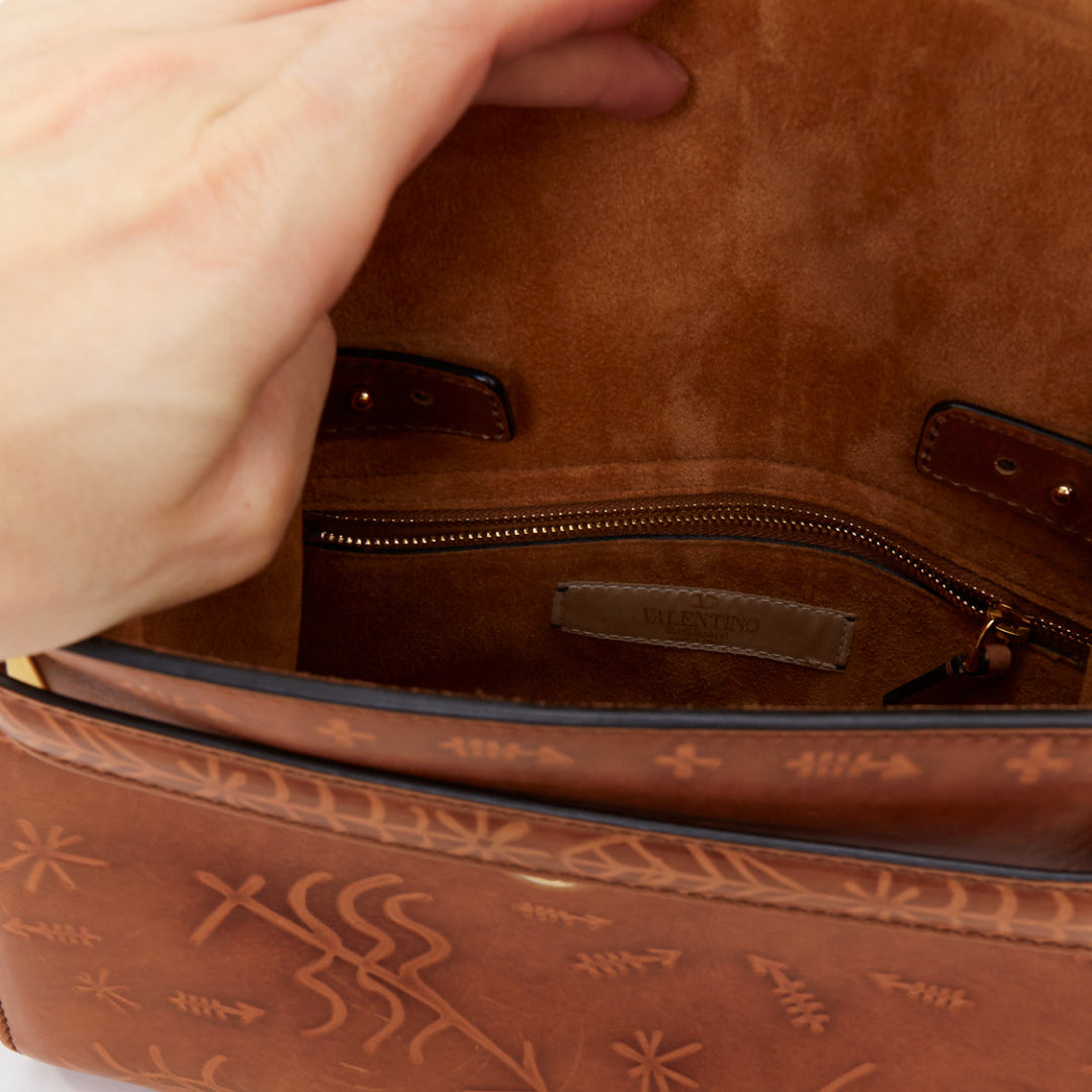 VALENTINO 2017 Santeria My Rockstud brown embossed top handle satchel bag