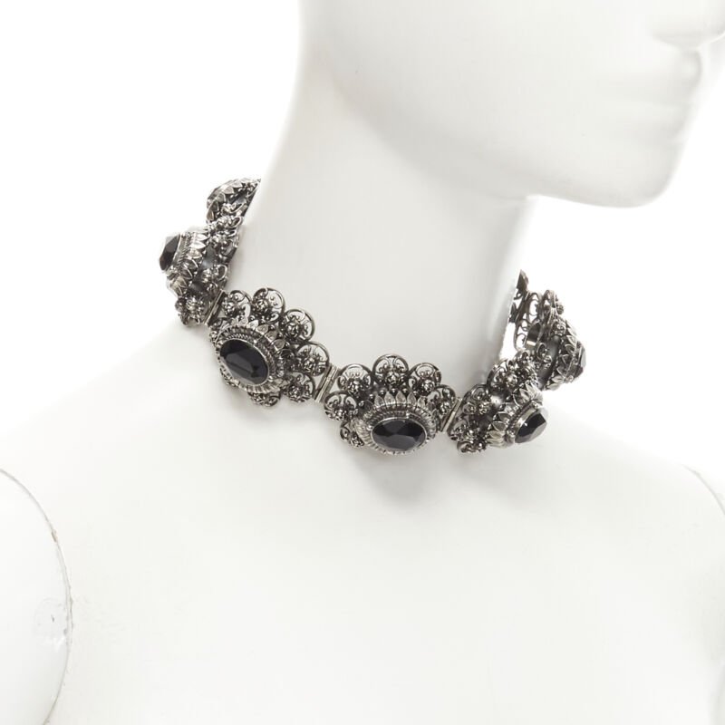 ALEXANDER MCQUEEN Runway Rose Choker gunmetal silver black jewel choker necklace
