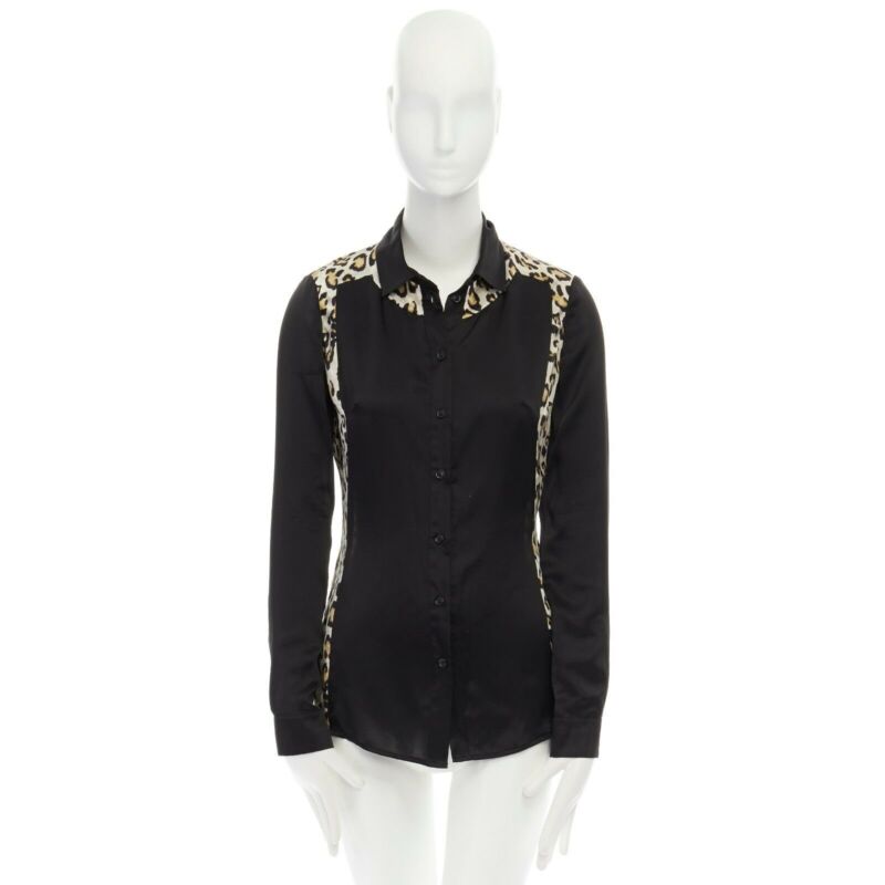 JUST CAVALLI 100% silk black leopard  button front shirt IT40 S