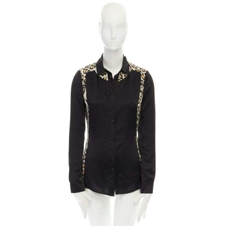 JUST CAVALLI 100% silk black leopard  button front shirt IT40 S