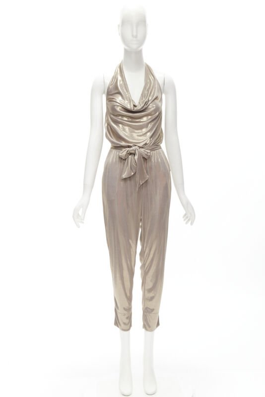 DIANE VON FUSTENBERG Carolette liquid metal gold halter backless jumpsuit S