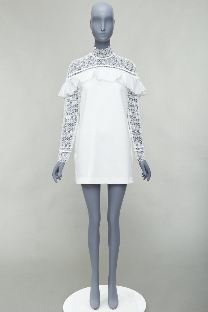 SELF PORTRAIT Military Cape Shoulder white floral lace ruffle dress UK4 XXS