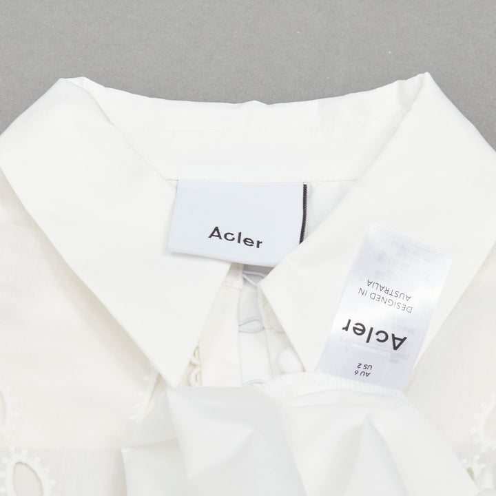 ACLER white cotton eyelet cutout big bow puff sleeve blouse US2 S