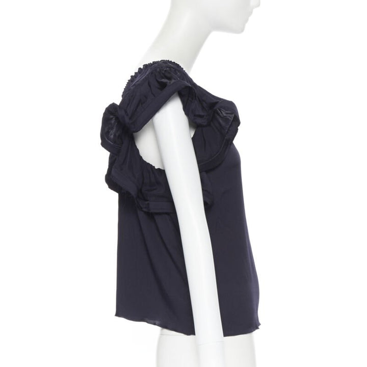 LANVIN ALBER ELBAZ 2008 stretch silk elasticated neck ruffle sleeve top FR34 XS