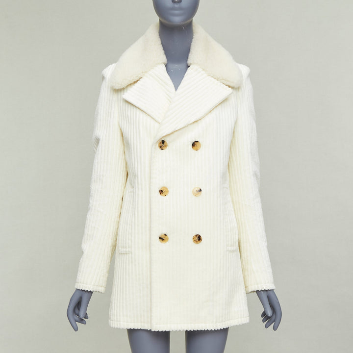 SAINT LAURENT 2021 off white shearling collar cotton corduroy coat FR38 M
