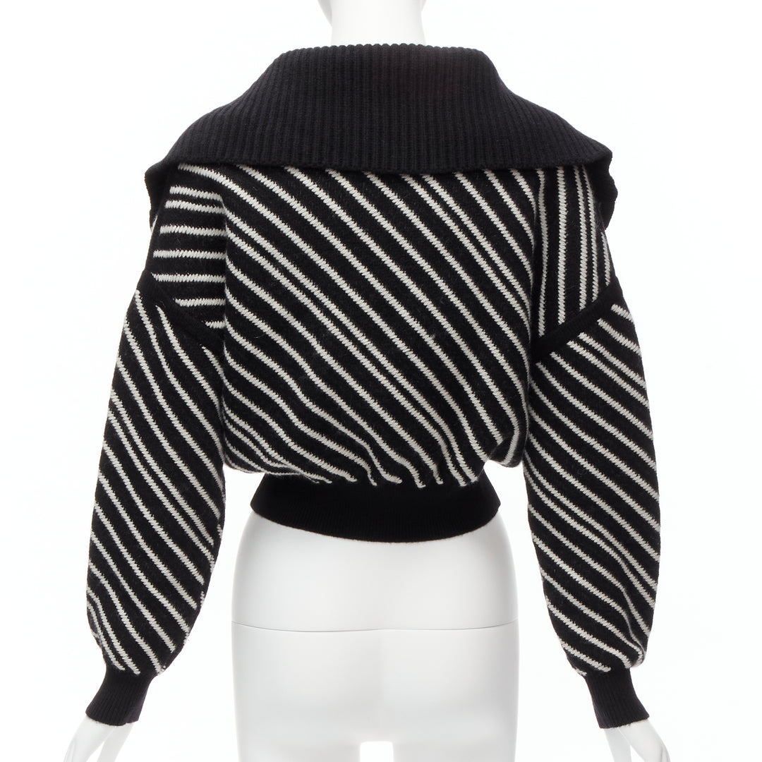 CHANEL 100% cashmere black white stripe CC crystal logo cropped sweater FR34 XS