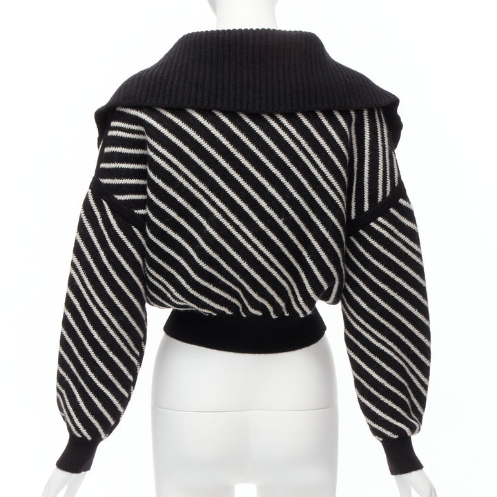 CHANEL 100% cashmere black white stripe CC crystal logo cropped sweater FR34 XS