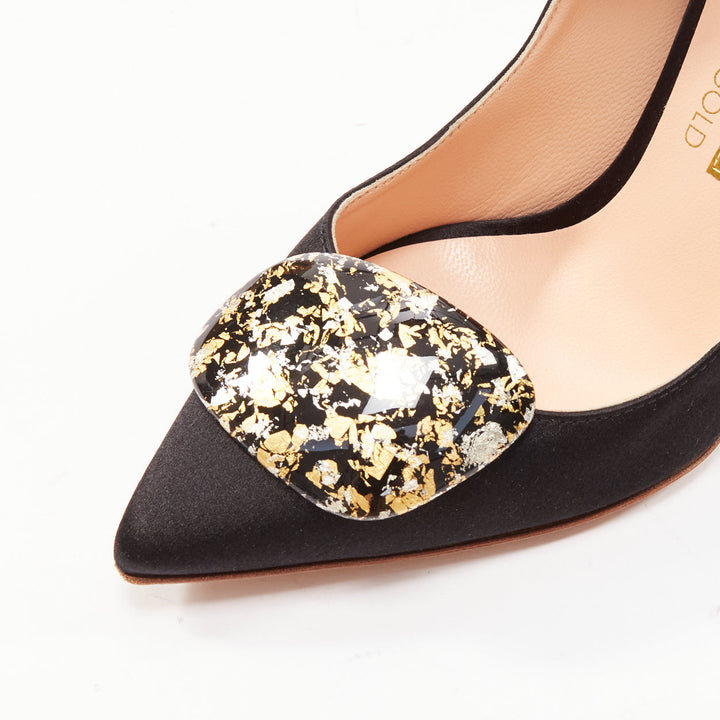 RUPERT SANDERSON Gold black satin gold paint buckle heeled pumps EU35.5
