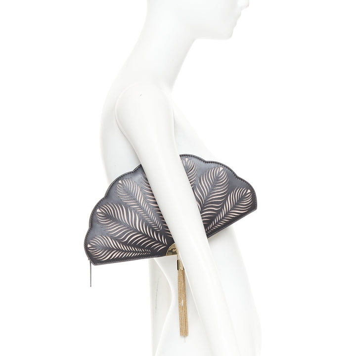 KATE SPADE Dress The Part black leather cut gold tassel fan clutch bag