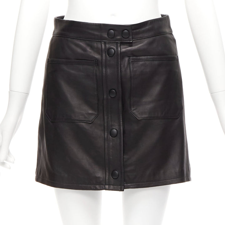 FRAME black lambskin leather snap button patch pocket mini skirt 25"