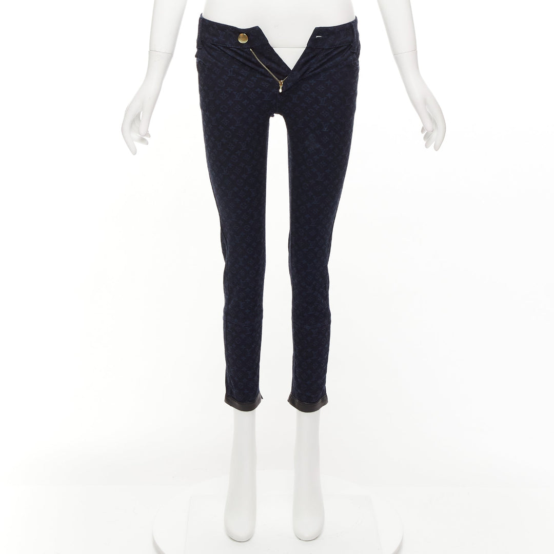 LOUIS VUITTON dark blue LV monogram black leather trim skinny jeans FR34 XS