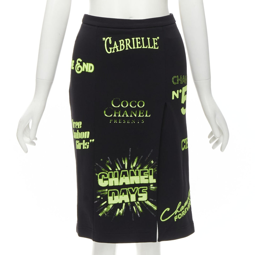 rare CHANEL 2021 Runway black neon graphic logo slit cotton fleece skirt FR34 XS