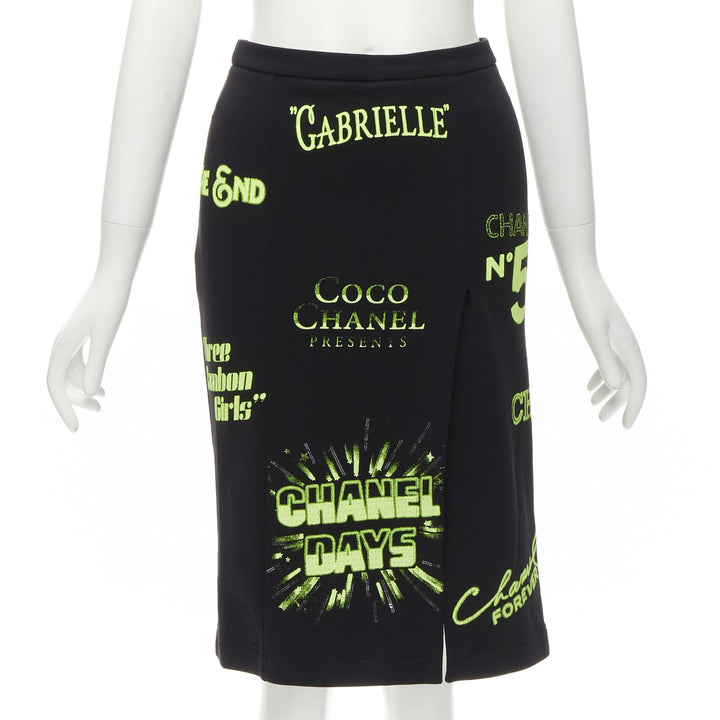 rare CHANEL 2021 Runway black neon graphic logo slit cotton fleece skirt FR34 XS