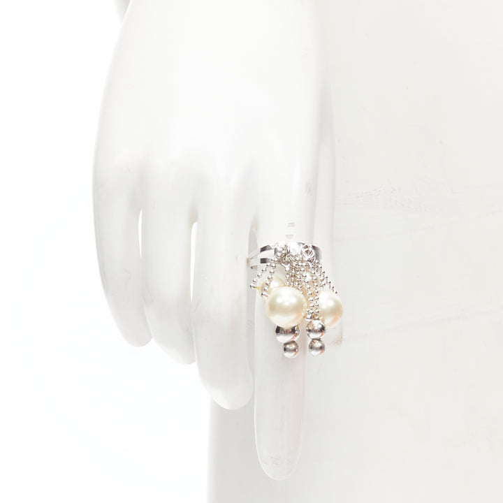 FURLA white faux pearl silver tone chain classy short necklace ring set