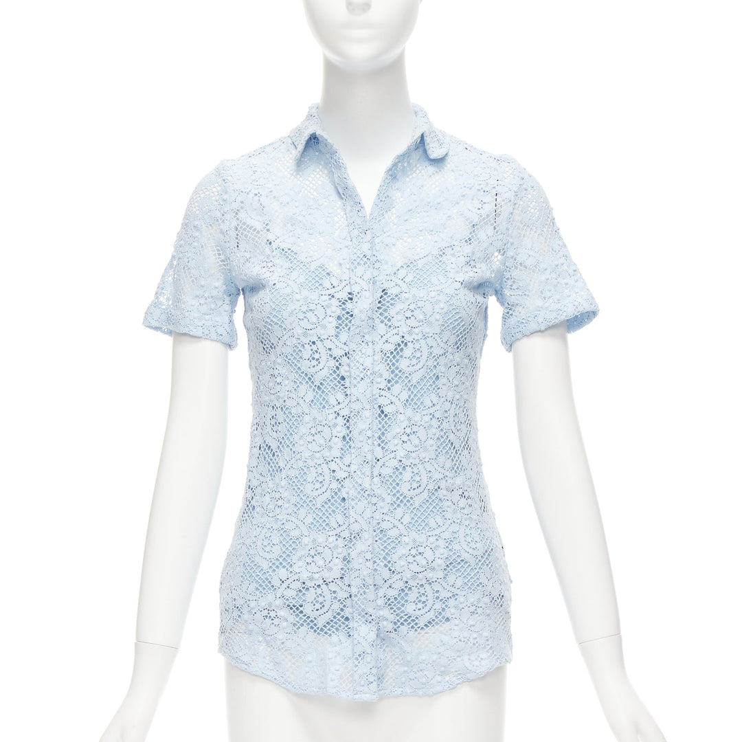 BURBERRY 2014 Runway baby blue floral lace short sleeve dress shirt IT36 XXS