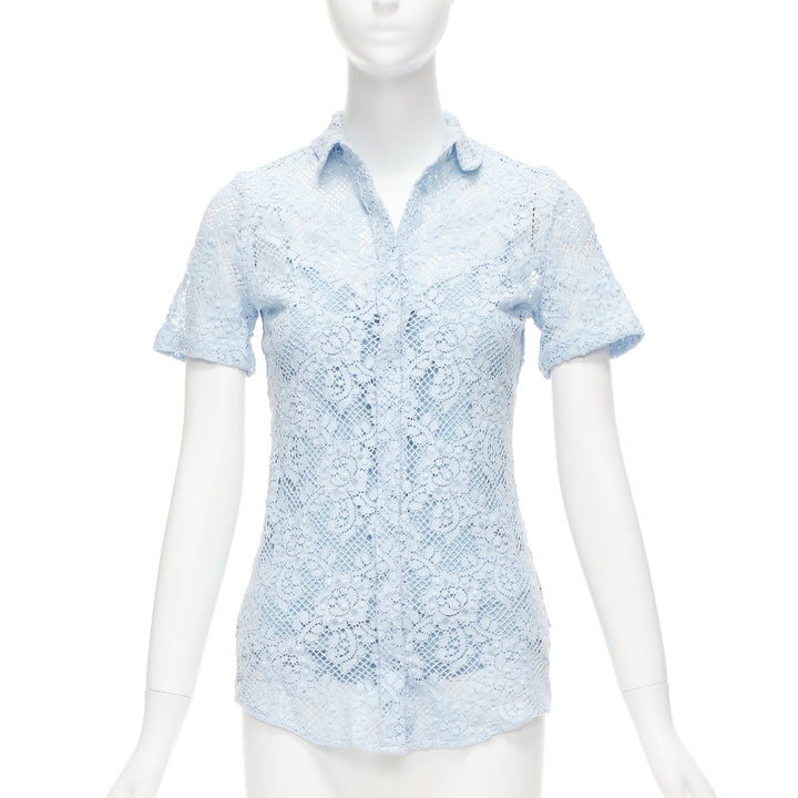 BURBERRY 2014 Runway baby blue floral lace short sleeve dress shirt IT36 XXS