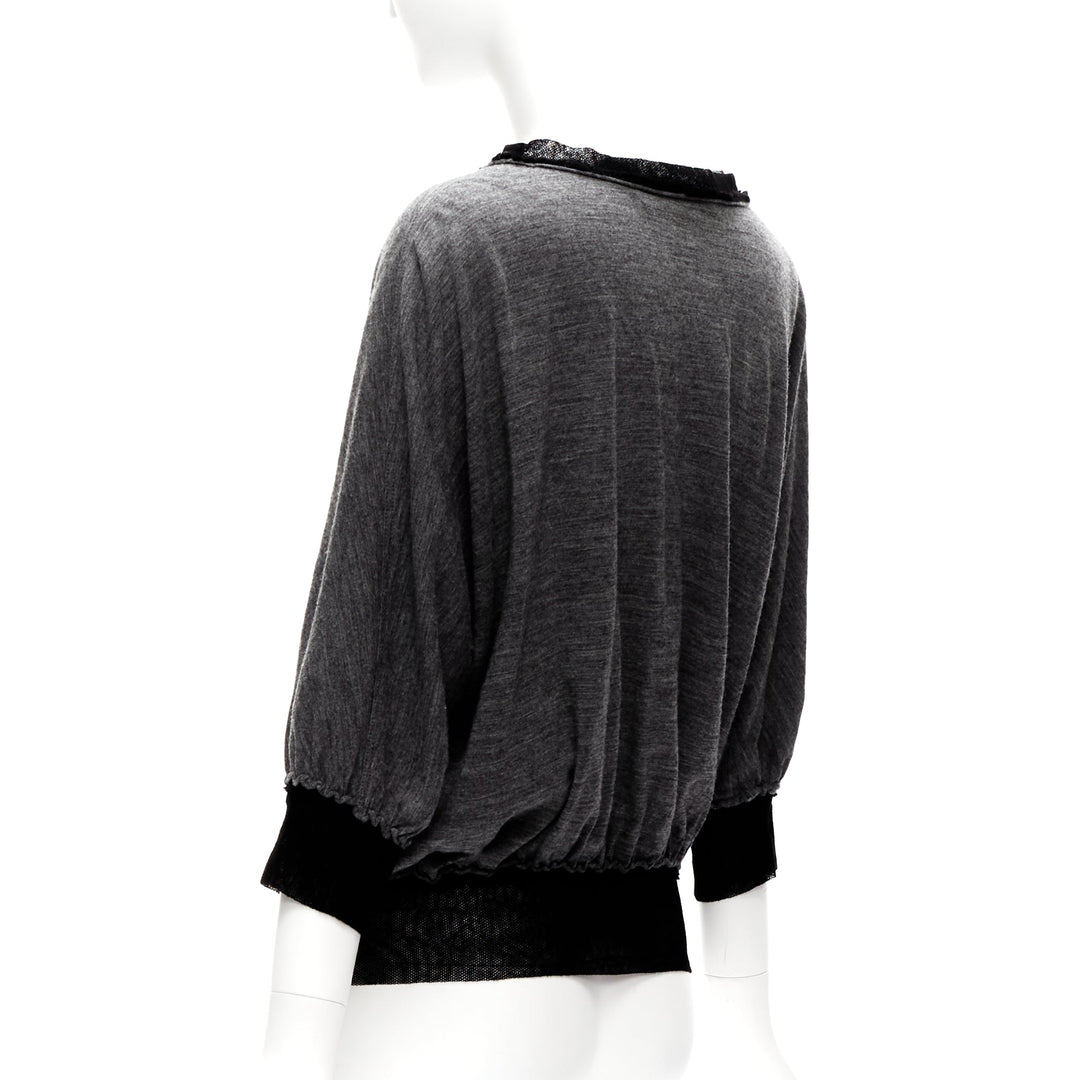 LANVIN 2005 grey wool cashmere mesh trim bateau batwing sweater FR38 M