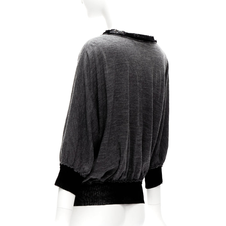 LANVIN 2005 grey wool cashmere mesh trim bateau batwing sweater FR38 M