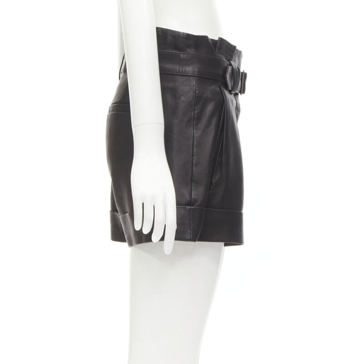 THEORY black leather belted paperbag waist wide cuffed shorts US0 XS