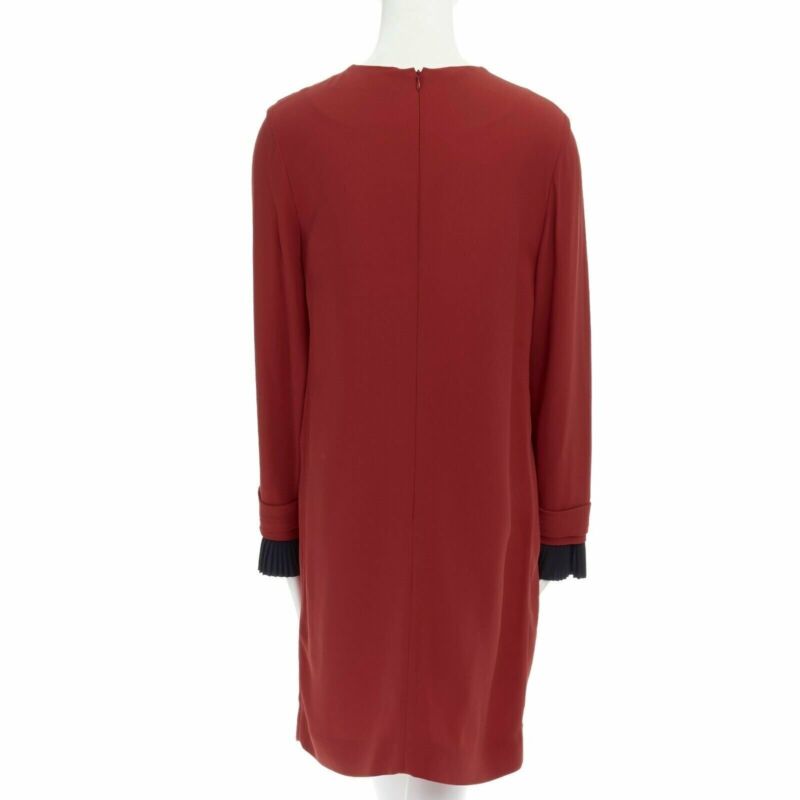 VVB VICTORIA BECKHAM red crepe navy pleated cuff long sleeves dress UK10 M