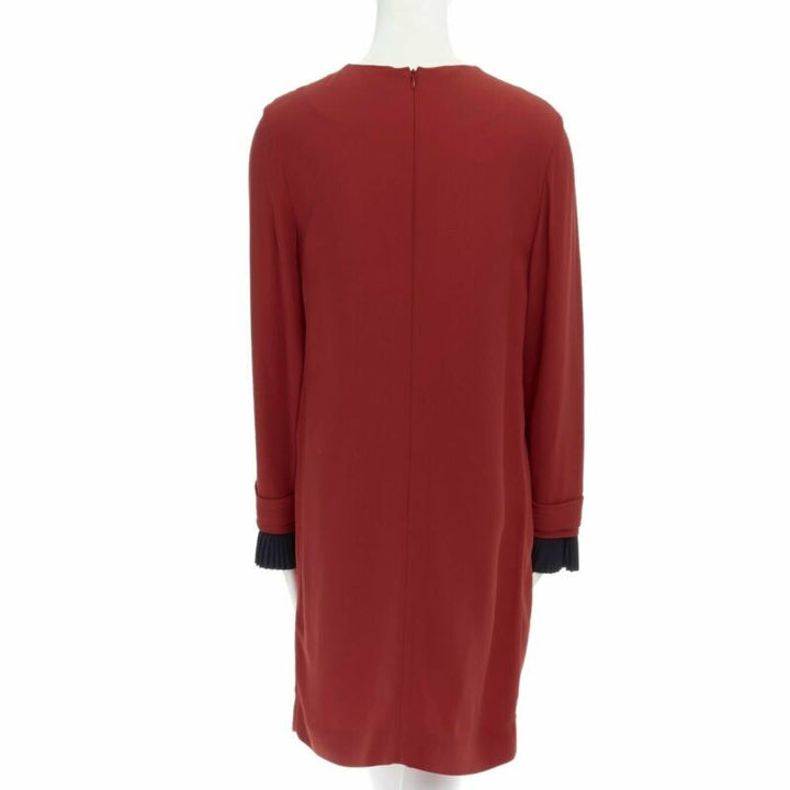VVB VICTORIA BECKHAM red crepe navy pleated cuff long sleeves dress UK10 M