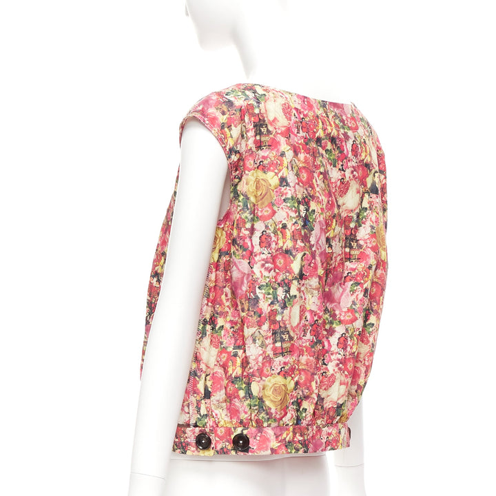 MARNI pink green floral print black button boxy vest top IT38 XS