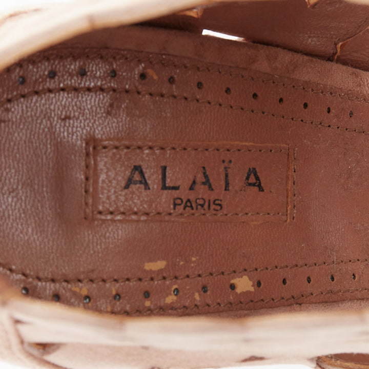 ALAIA nude leather scallop cut out caged high heeled sandals EU35