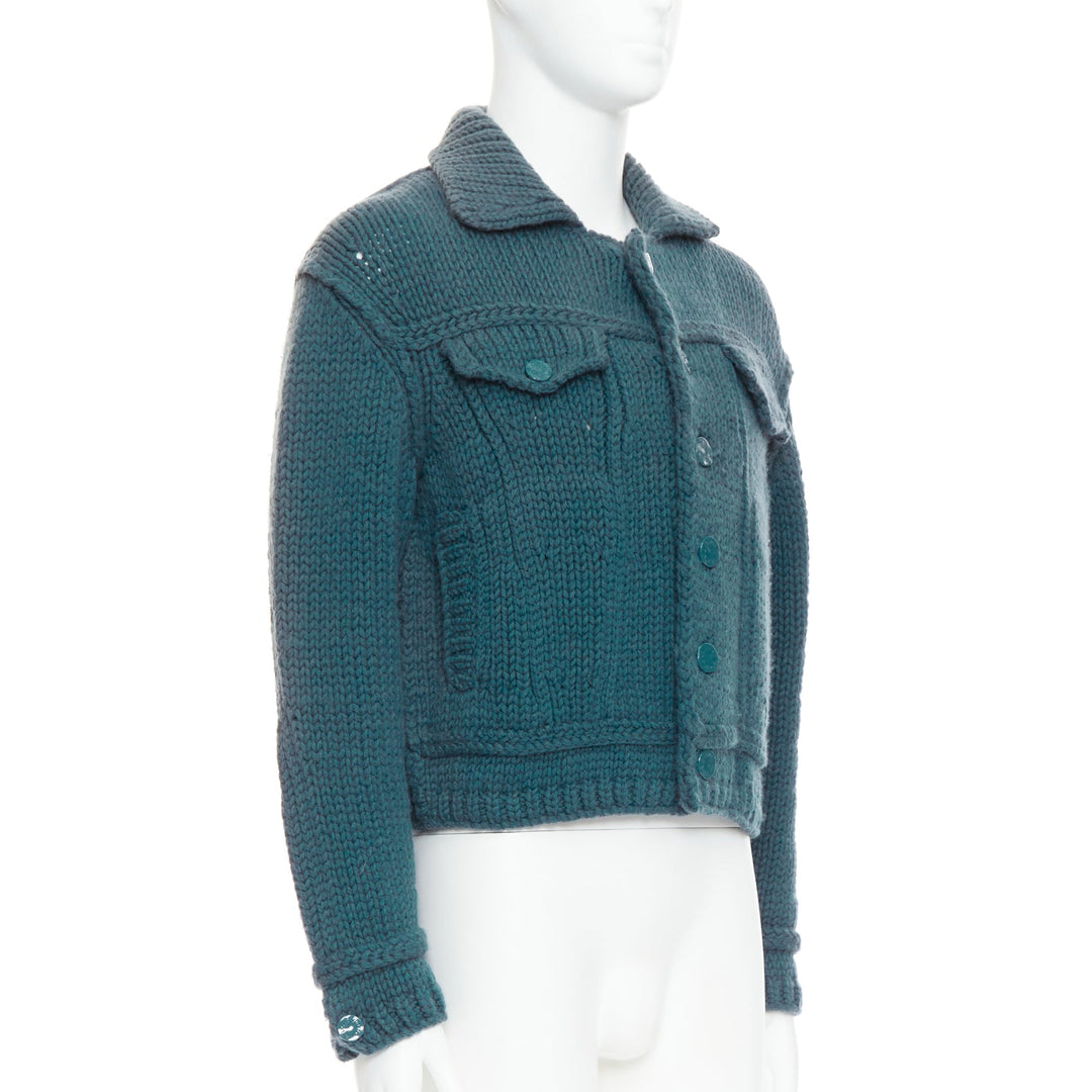 LOUIS VUITTON 2020 Runway turquoise blue wool chunky knit crop trucker jacket S