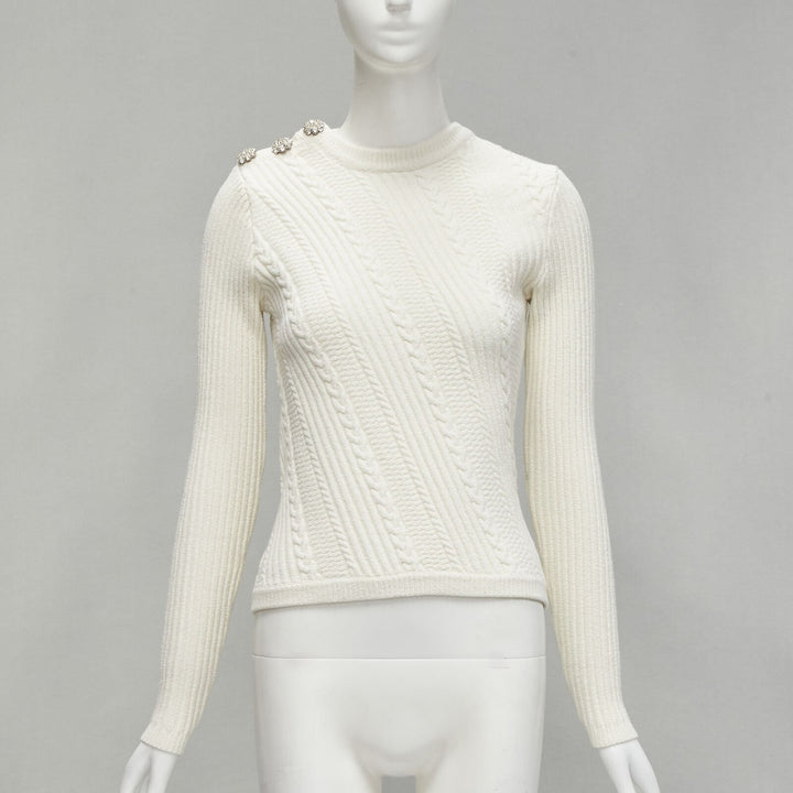 GANNI ivory crystal button textured knit cotton blend sweater top XS