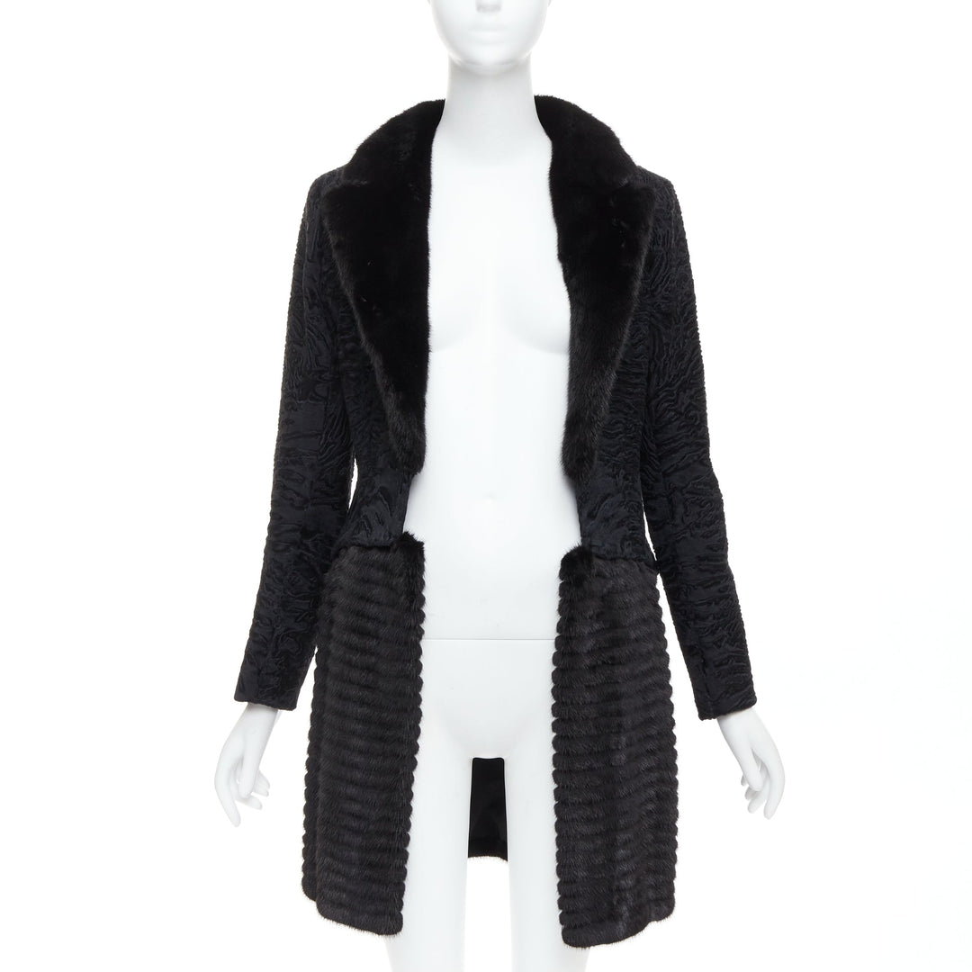 CHRISTIAN DIOR black lamb mink fur silk lined long coat FR38 M