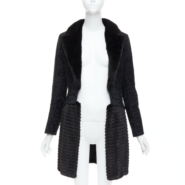 CHRISTIAN DIOR black lamb mink fur silk lined long coat FR38 M