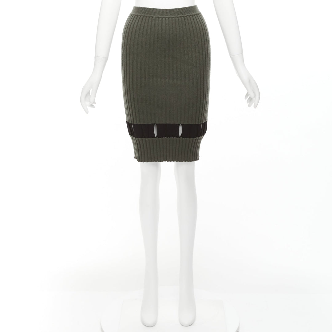 ALEXANDER WANG khaki black ribbed cut out pencil knee skirt XS