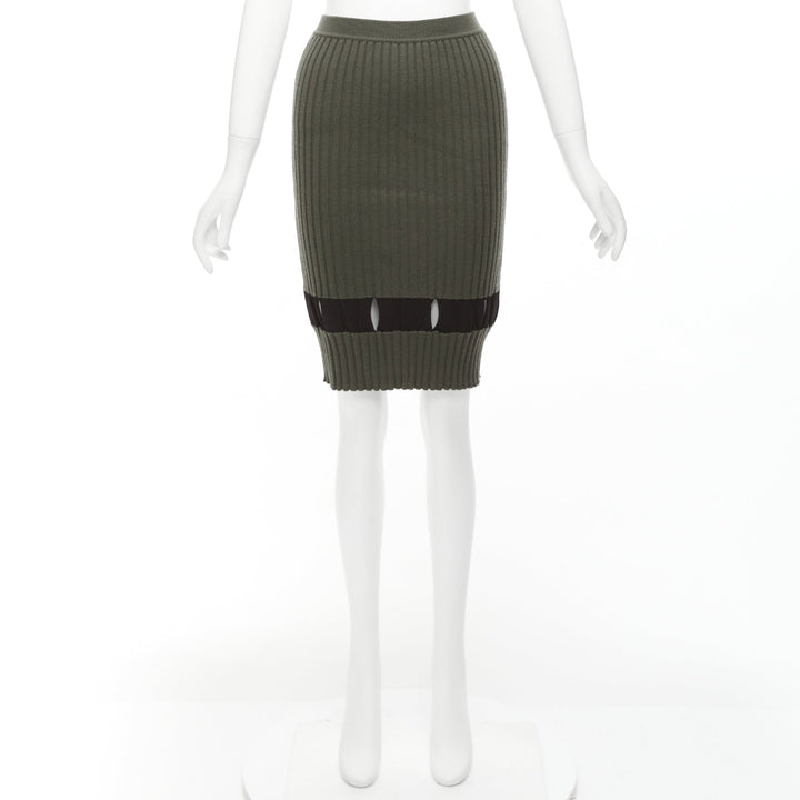 ALEXANDER WANG khaki black ribbed cut out pencil knee skirt XS