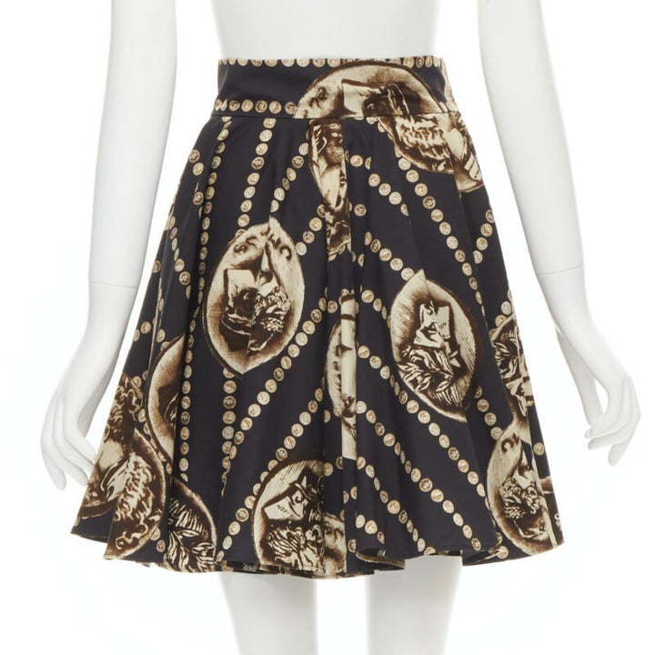 DOLCE GABBANA Antique Roman medallion coin black cotton flared skirt IT36 XS