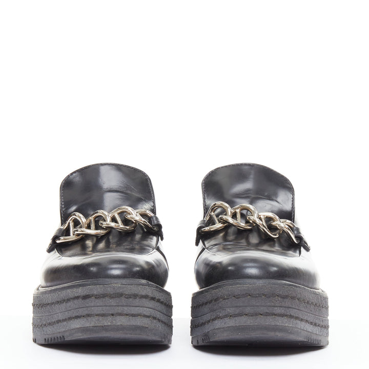 PRADA black leather silver chain layered platform brogues EU36