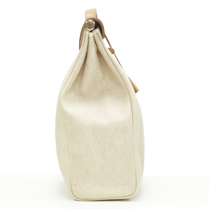 HERMES Herbag MM beige Toile coated canvas brown leather PHW 2-in-1 bag