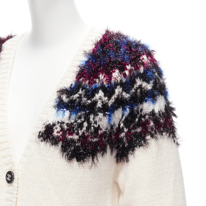 CHANEL pink blue fluffy lurex cream intarsia crystal CC button cardigan FR36 S