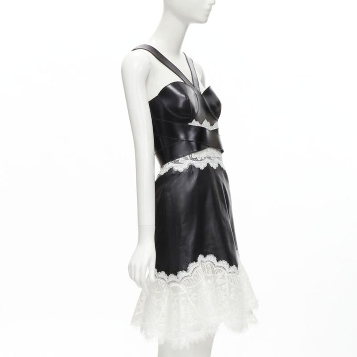 ALEXANDER MCQUEEN 2020 Runway black leather bustier white lace dress IT38 S