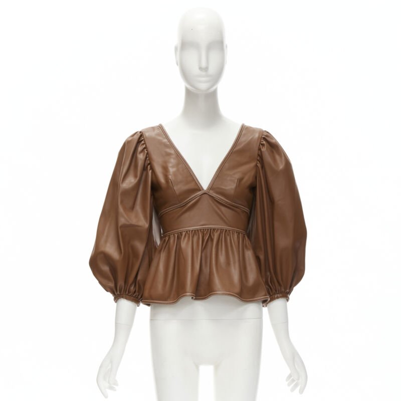 STAUD Luna tan brown vegan faux leather plunge neck puff sleeve top US0 XS