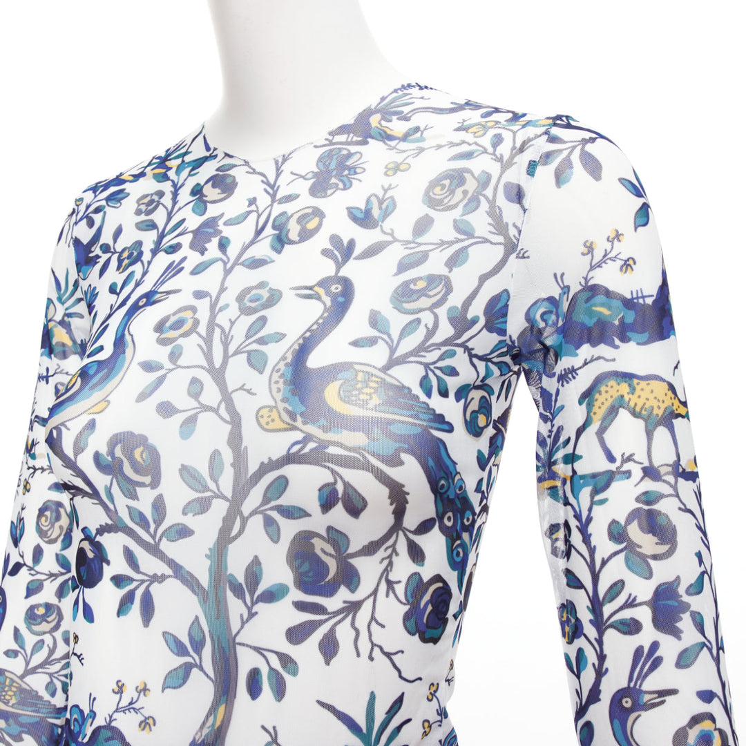 MARQUES ALMEIDA blue white animal floral print mesh long sleeve top XS