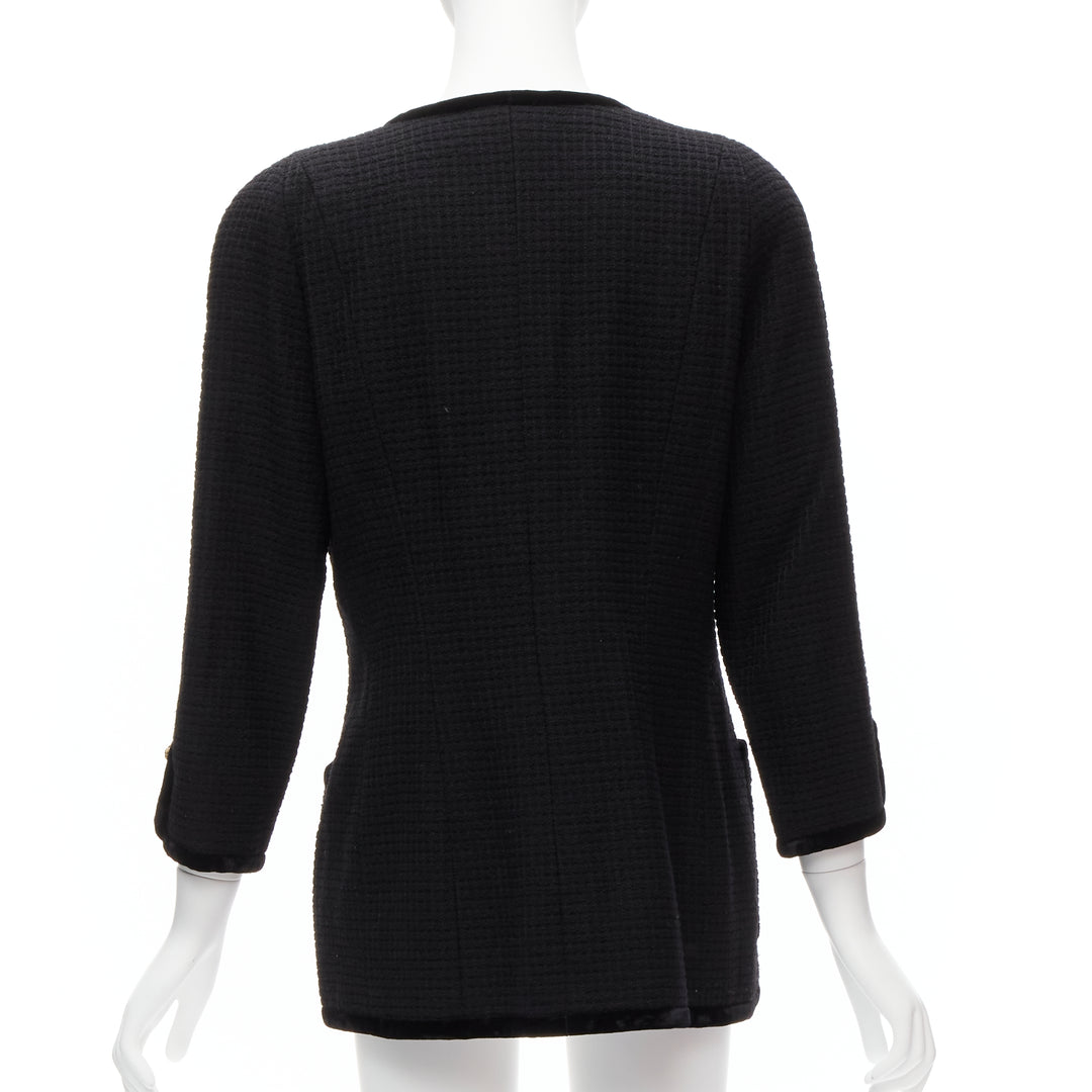 CHANEL Collection 23 1989 Vintage camellia button velvet black tweed jacket FR40