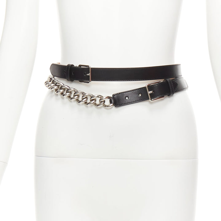 ALEXANDER MCQUEEN black leather silver chunky metal chain wrap belt 70cm