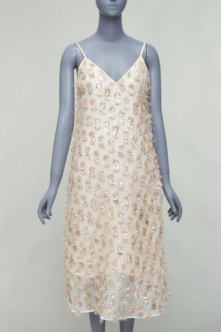RAEY Long Day gold tinsel nude silk spaghetti strap midi dress UK8 S