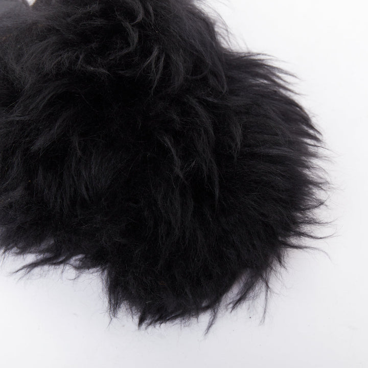 CHANEL black silver CC logo mongolian lamb fur fluffy slippers EU37.5