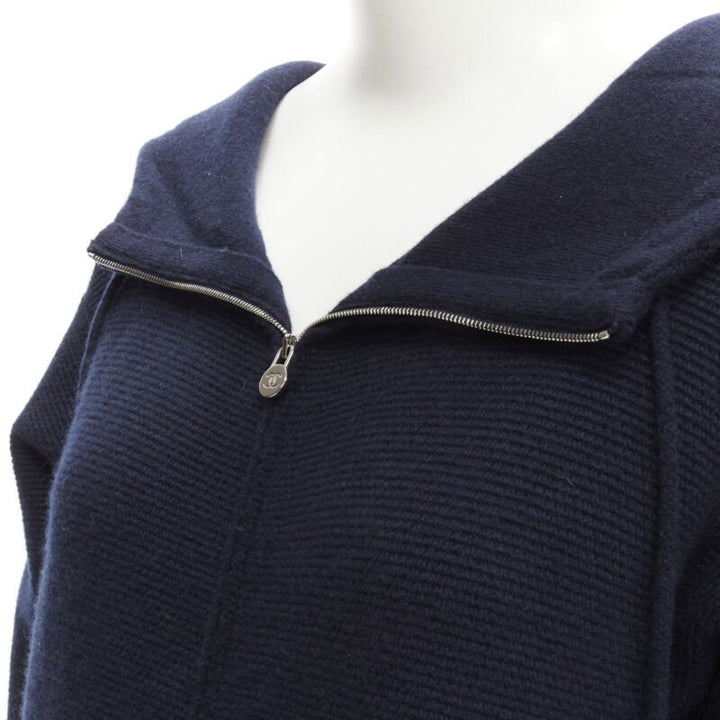 CHANEL 100% cashmere navy silver CC zip up hooded sweater FR34 XS