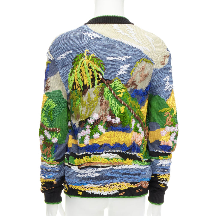 rare SAINT LAURENT 2021 Runway Teddy tropical landscape intarsia cardigan XS