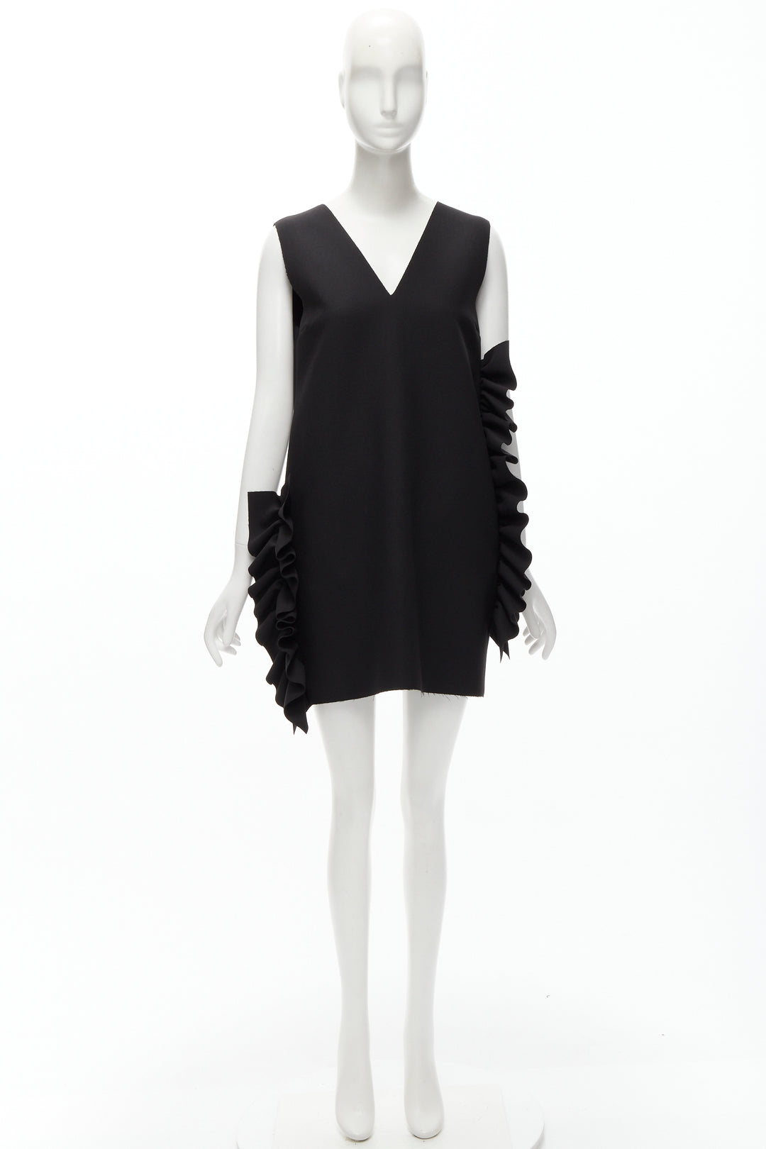 MSGM black structured ruffles V neck logo zip mini dress IT40 S