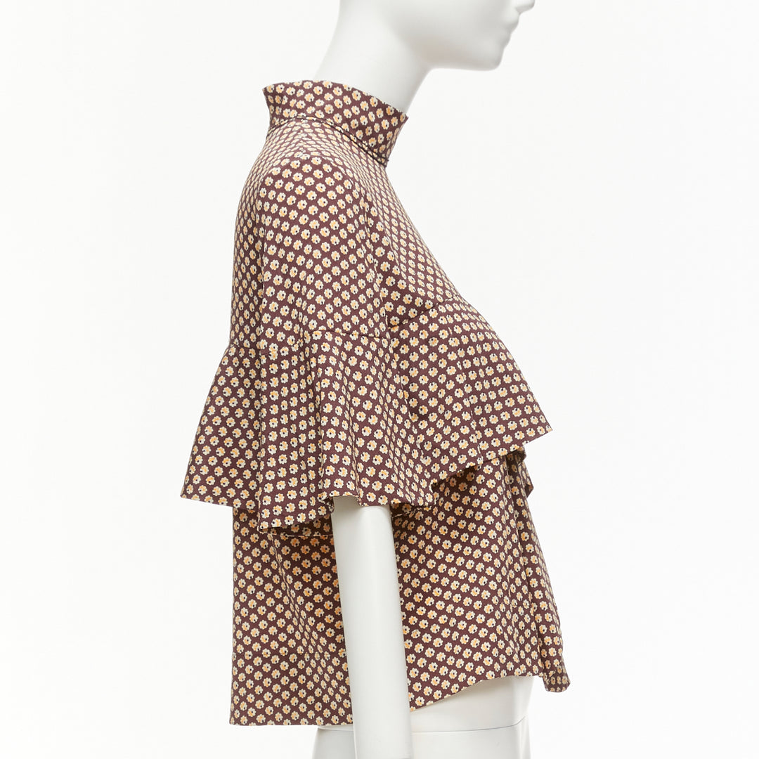 MARNI brown yellow floral asymmetric ruffle drapes hi neck top IT38 XS
