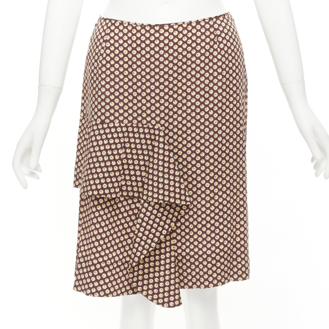 MARNI brown yellow floral silk blend ruffle drape front mid skirt IT40 S